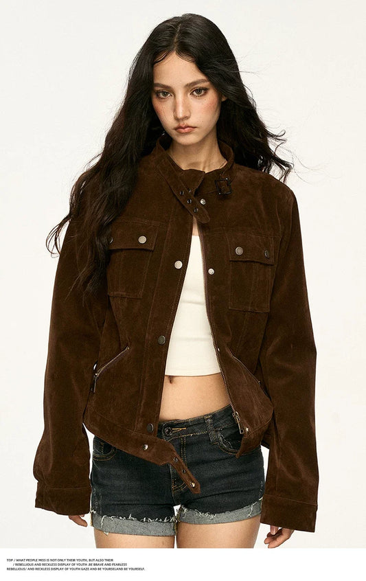 Brown suede collar coat for women, 2026 spring autumn new style, retro short style motorcycle jacket