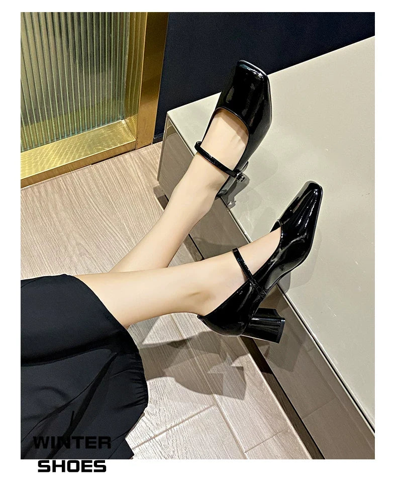 Spring/Summer New Style Thick-Topped Women's Leather Slingback Square-Toe Low-Cut Mary Jane Pumps with Skirt Button-Up High Heels